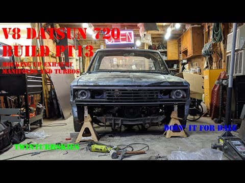 v8-datsun-720-build-pt13--mocking-exhaust-manifold-and-turbos