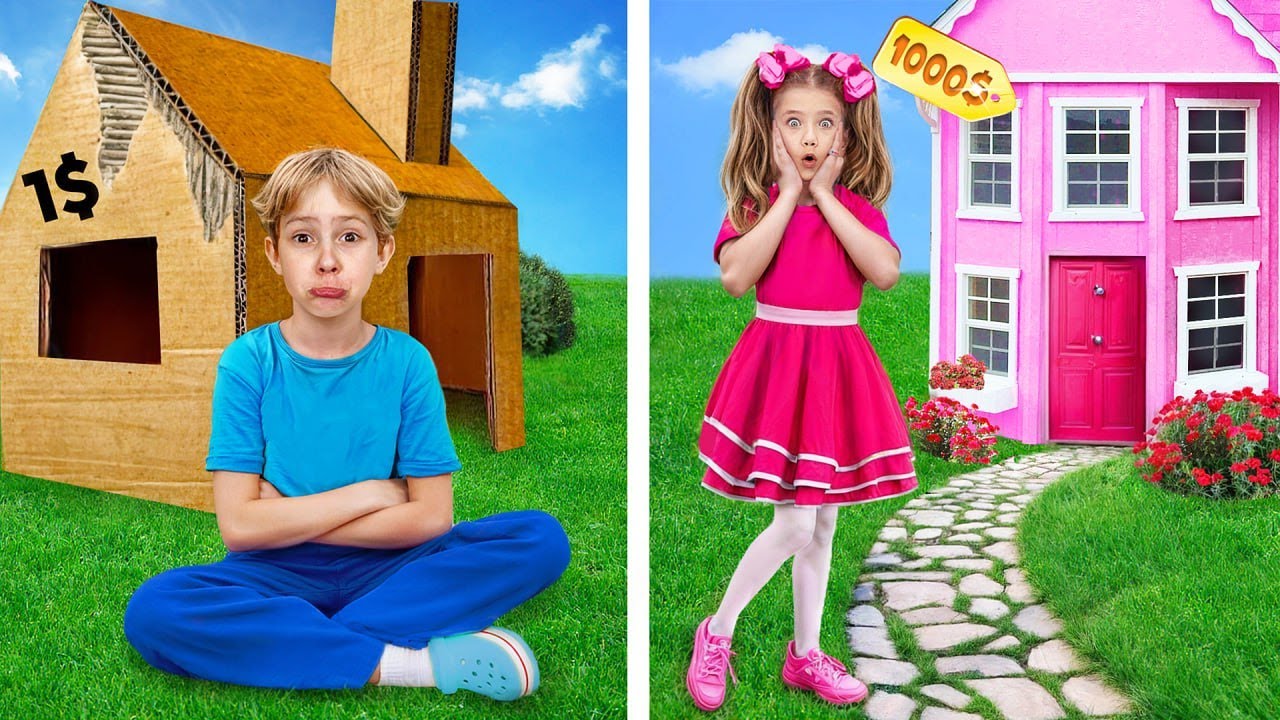 Desafío de la casa de cartón gigante con princesa rica vs pobre