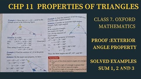 Class 7. (Chp 11 Properties of Triangles). Solved Sums 1, 2 and 3. Proof of Exterior  Angle Property