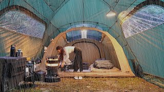 Solo camping in luxury XL tent with living room and room in heavy rain ASMR