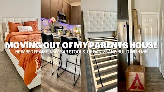MOVING OUT PARENT'S HOUSE ep 05: NEW Amazon bed frame, NEW barstools, build and organize with me