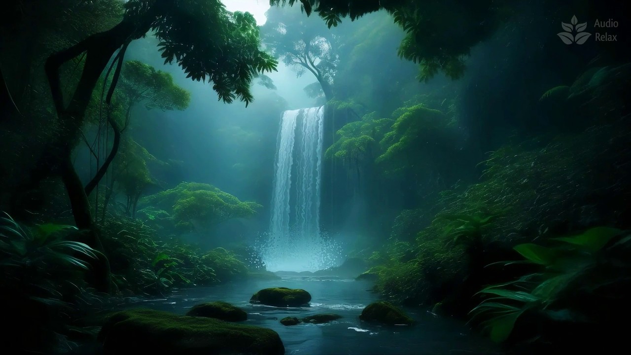 10 Hours Waterfall in Night Jungle 🌙 Powerful White Noise & Crickets for Deep Sleep