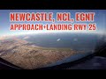 Newcastle NCL airport, England, UK: Approach + landing runway 25. Airbus cockpit view. With ATC. 4k.