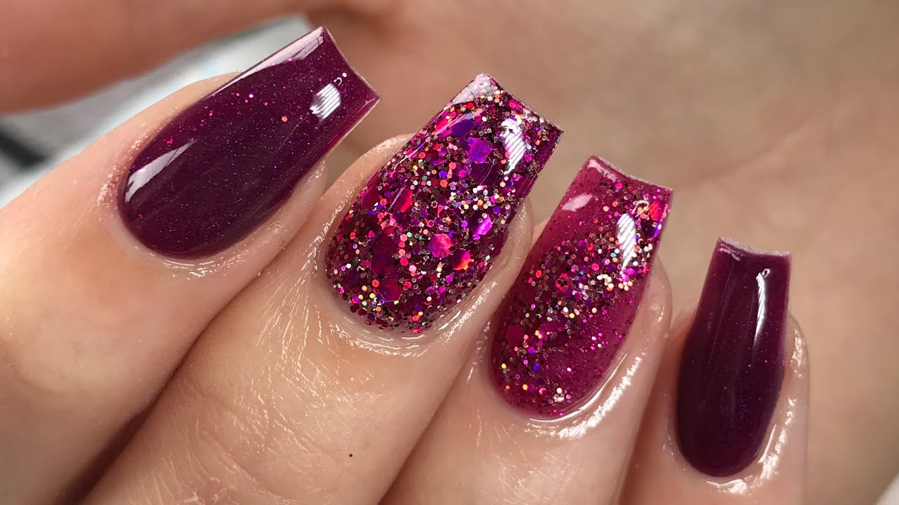 7. Burgundy Acrylic Nails with Ombre Effect - wide 6