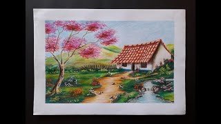 dibujo fácil con lapices de colores paisaje artístico