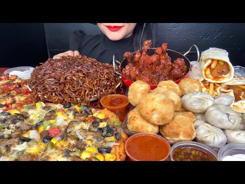 DOMINOS VEG PIZZA,SPICY BLACKBEAN NOODLES,SHAWARMA,CHICKEN LOLLIPOP,SHAWARMA,MOMO*ASMR EATING*