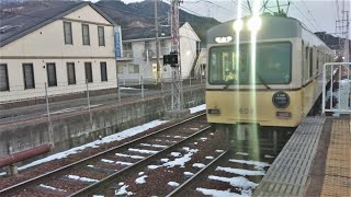 京阪 石山坂本線 600形 603-604編成 びわこ号復刻塗装  石山寺行き 残雪の枕木軌道   滋賀里  京阪膳所   20230130