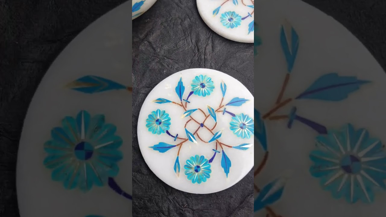 Handmade White Marble Turquoise Inlay Coaster Set