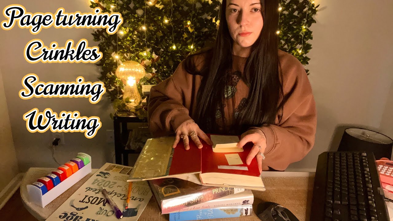 ASMR Library Role Play (book crinkles, stamps, page turning, scanning, writing)