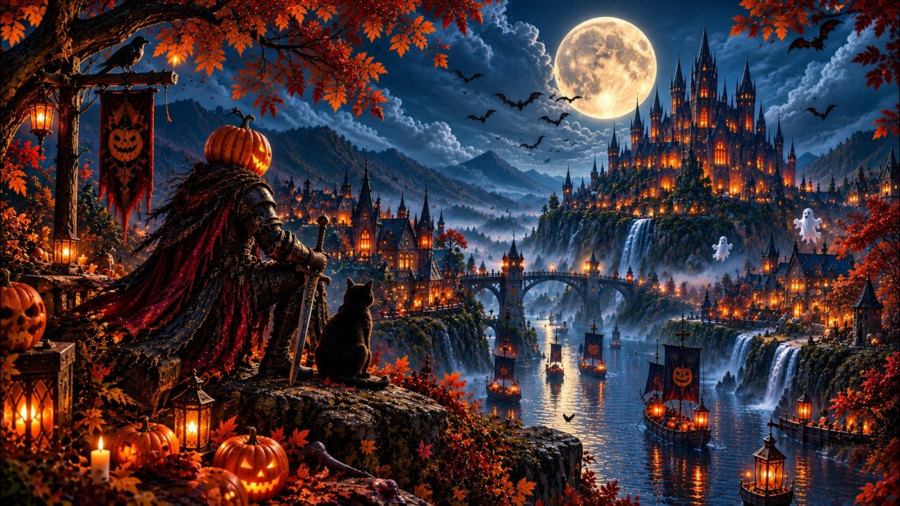 Relaxing Halloween Ambience 🎃 Haunted Town in Cozy Autumn Night 👻 Spooky Sounds & Halloween Music