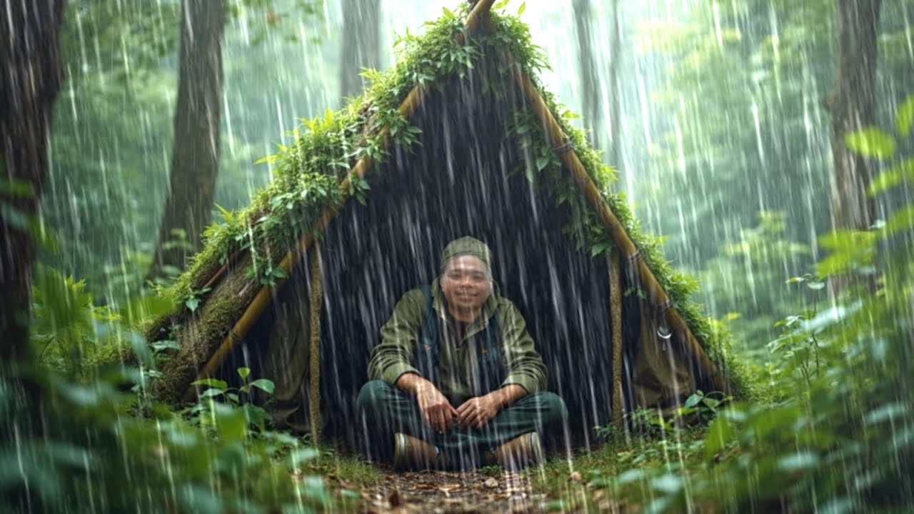 Building a Warm Bushcraft Shelter // in the middle of HEAVY RAIN ...