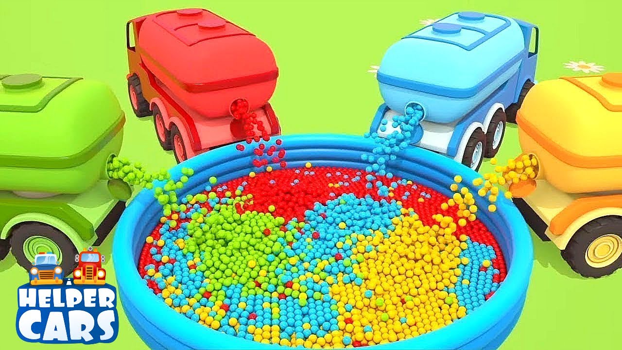 Learn colors for kids with Helper Cars | A crane, water tanker trucks for kids & fish