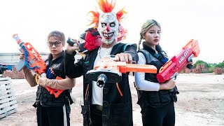 GUGU Nerf War : Two Girl Warriors CID Dragon Nerf Guns Fight Criminal Group Worin Mask