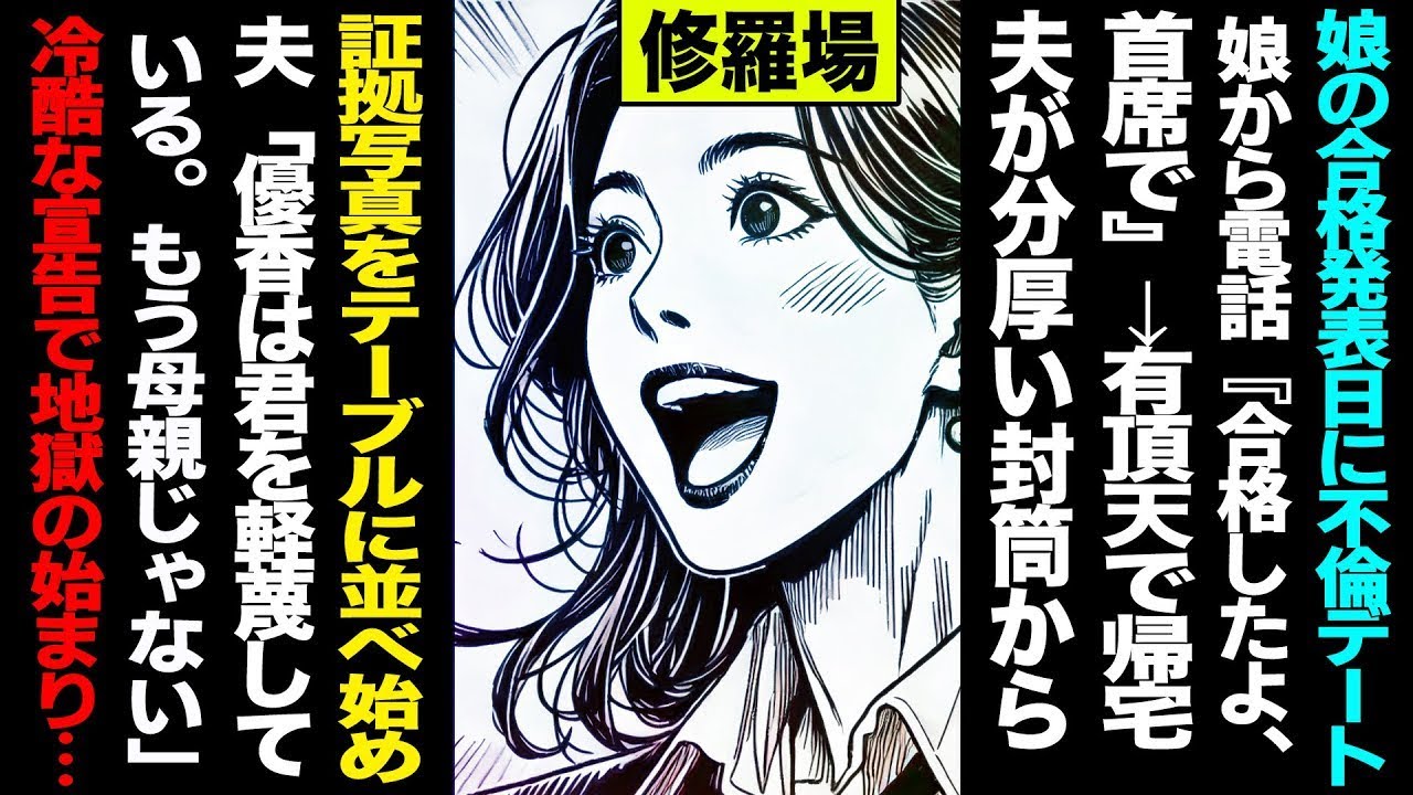 【漫画】娘の合格発表日に不倫デート→娘から電話「合格したよ、首席で」→有頂天で帰宅→夫が分厚い封筒から証拠写真をテーブルに並べ始め→夫「優香は君を軽蔑している。もう母親じゃない」冷酷宣告で地獄が