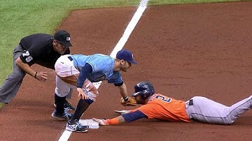 HOU@TB: Astros challenge out call at third in the 3rd