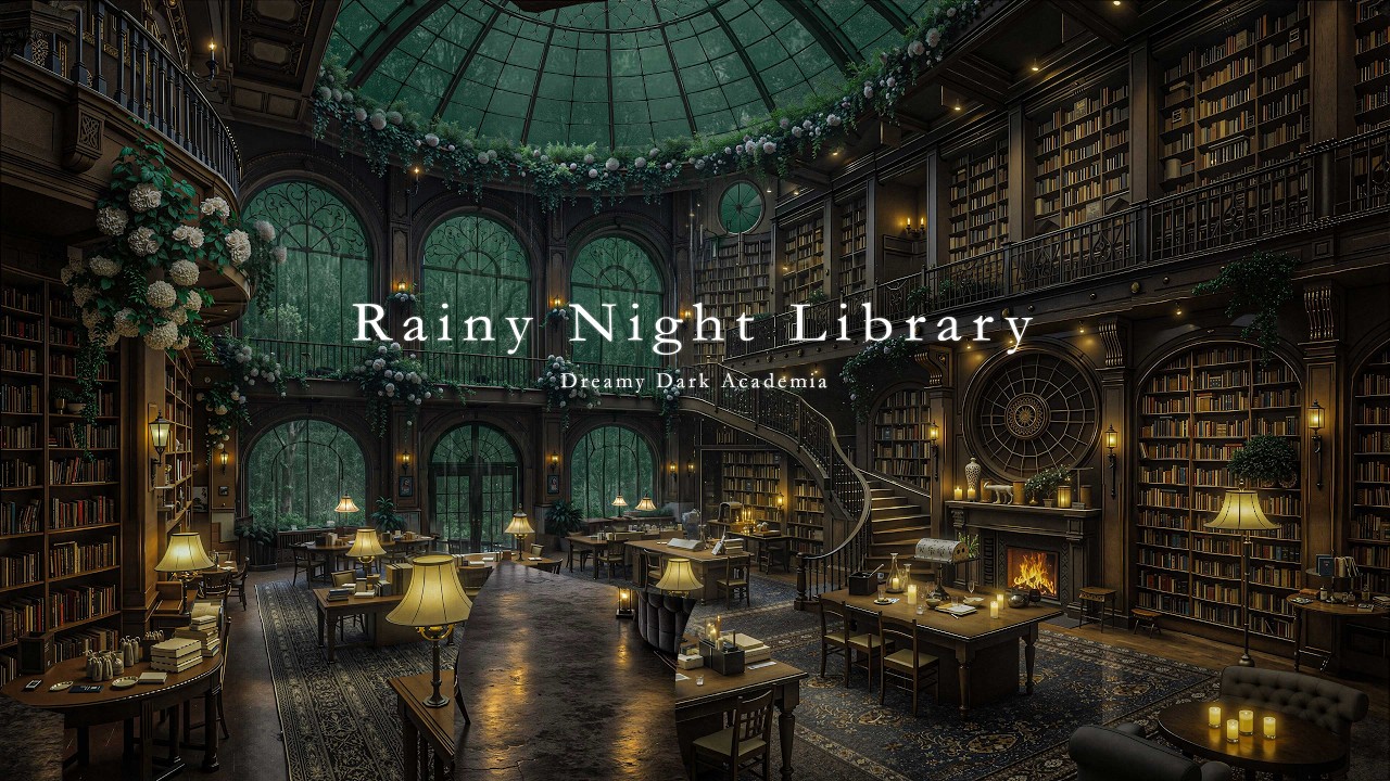 Rainy Spring Old Library Ambience 🌧️ Cozy Fireplace & Dark Academia Piano for Study & Deep Focus