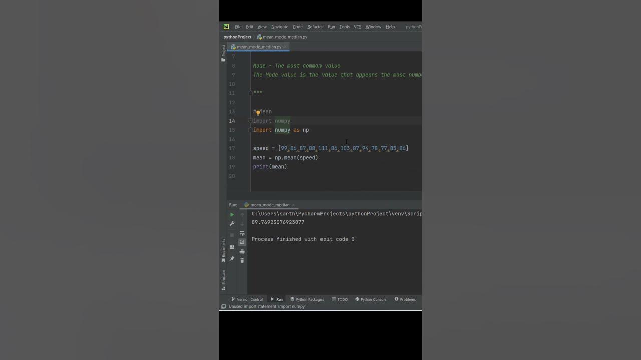 Mean, Median & Mode using Numpy #shorts #pythonprogramming - YouTube