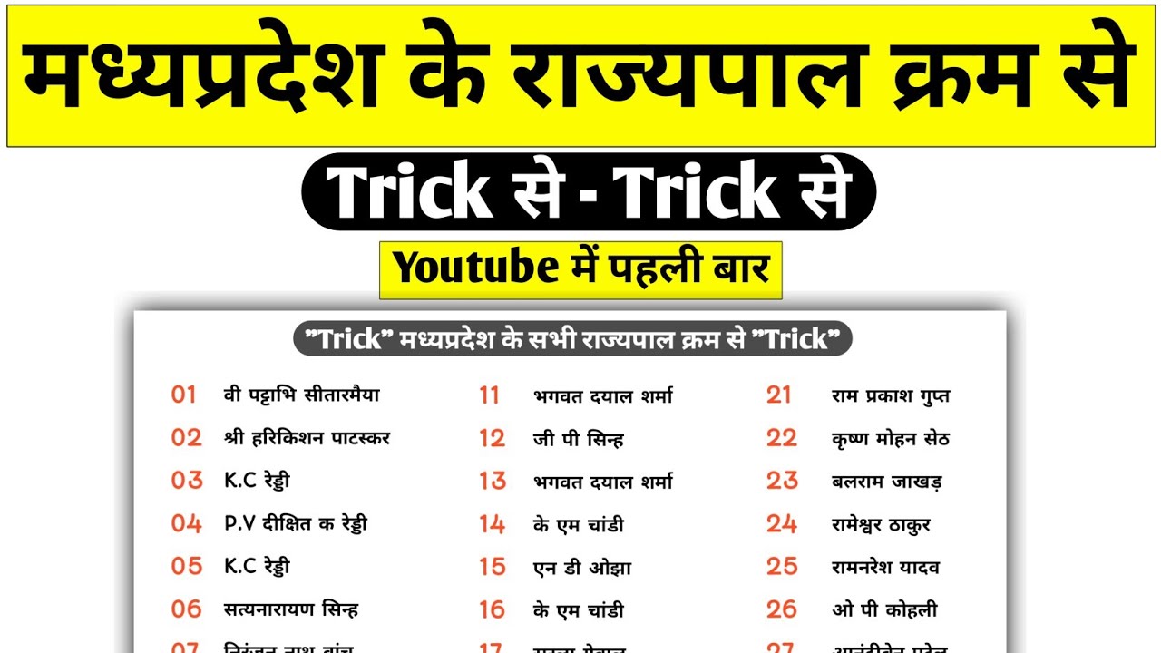 मध्य प्रदेश के सभी राज्यपाल ट्रिक / All Governors of Madhya Pradesh / All governor of Madhya trick