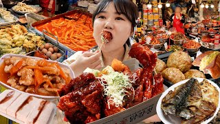 Korean Market Street food Mukbang😋in Shinwon Market, Seoul : Spicy chicken, shrimps, Tteokbokki, etc