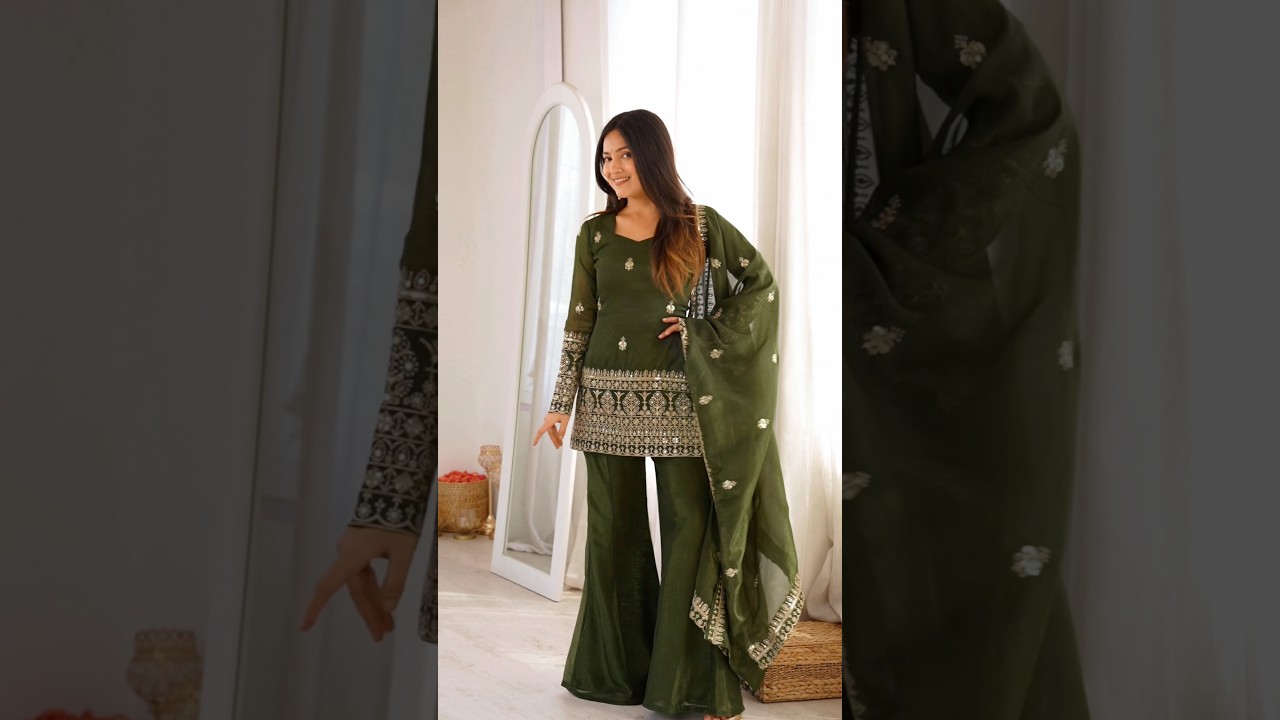 Olive Green Sequins Embroidered Zari Work Suit – Crunchy Silk Blend, Bell Bottom, Festive Wear