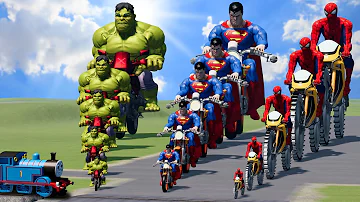 Big & Small: Spiderman with Saw wheels vs Superman vs Hulk on a motorcycle vs Trains | BeamNG.Drive