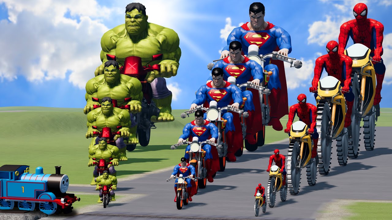 Big & Small: Spiderman with Saw wheels vs Superman vs Hulk on a motorcycle vs Trains | BeamNG.Drive