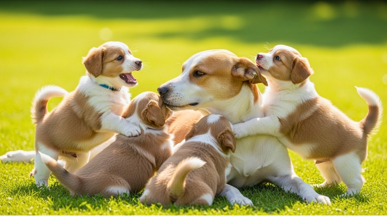 Beautiful puppies playing with their mother dog on green grass – Dog barking sounds – Dog videos