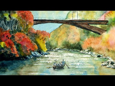 京都・保津川の紅葉（透明水彩風景画）Autumn leaves in Kyoto
