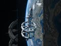 Futuristic space station orbiting Earth with vibrant thrusters and glowing details