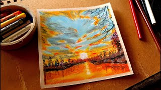 How to draw sunset landscape - Easy oil pastel