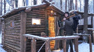 Surviving Winter in a Log Cabin | Off Grid Building with Hand Tools, Tiny Home in the Forest