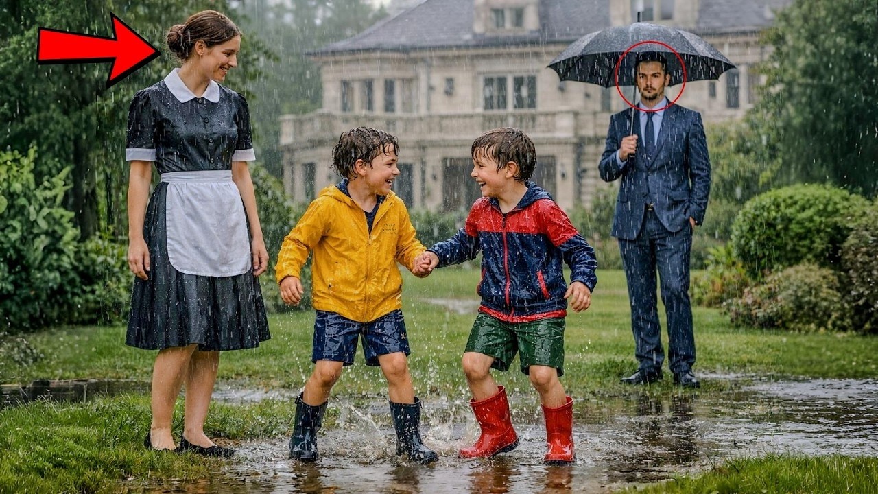 Il milionario tornò stanco dal viaggio… vide la nuova domestica e i figli giocare sotto la pioggia.