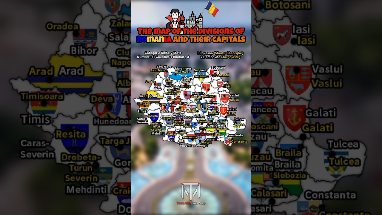 The map of the divisions of Romania and their capitals