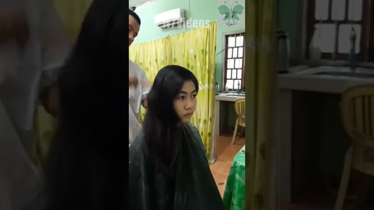 beautiful girl long hair to super short hair cut