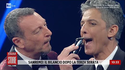 Sanremo 2021, Fiorello show: si fa tagliare i baffi da Amadeus  - Storie italiane 05/03/2021