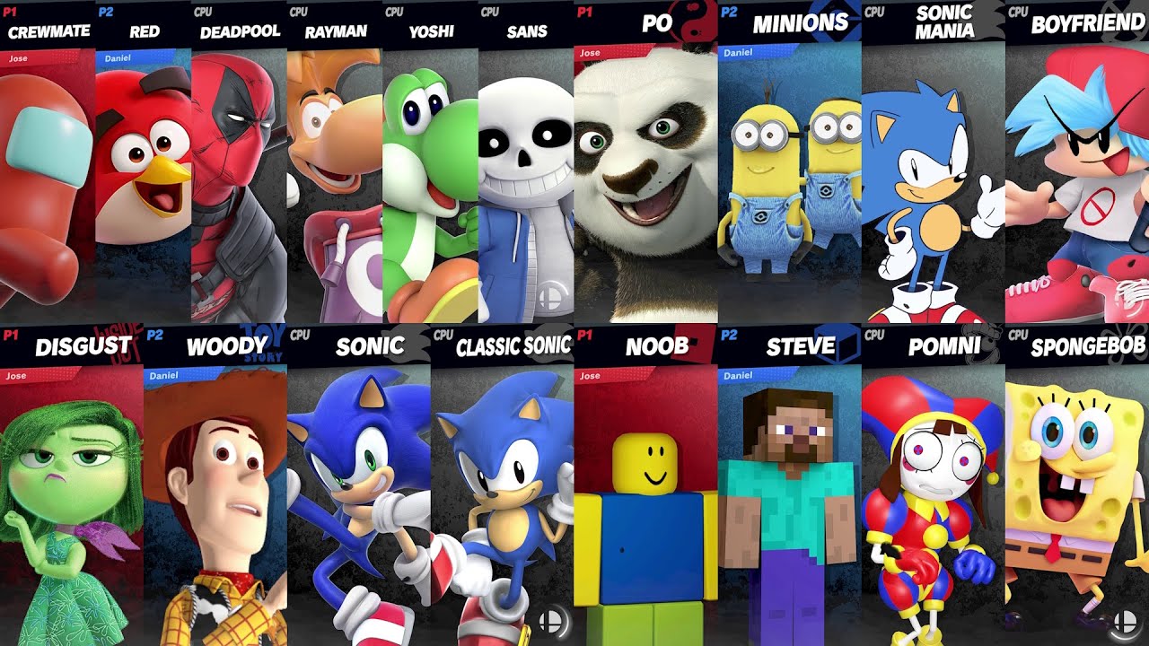 Classic Sonic vs Woody vs Disgust | Steve vs Noob vs Pomni vs Spongebob in Super Smash Bros Ultimate