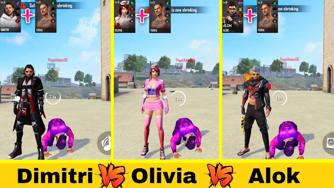 DIMITRI VS OLIVIA VS ALOK FULL ABILITY TEST IN FREE FIRE -SAMSUNG A3,A5,A7,J2,J3,J5,J7,S5,S6,S7,A30