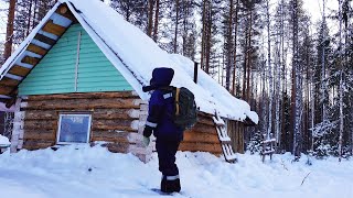 Living Alone in the WINTER woods, in abandoned and residential Log Cabins. Full film