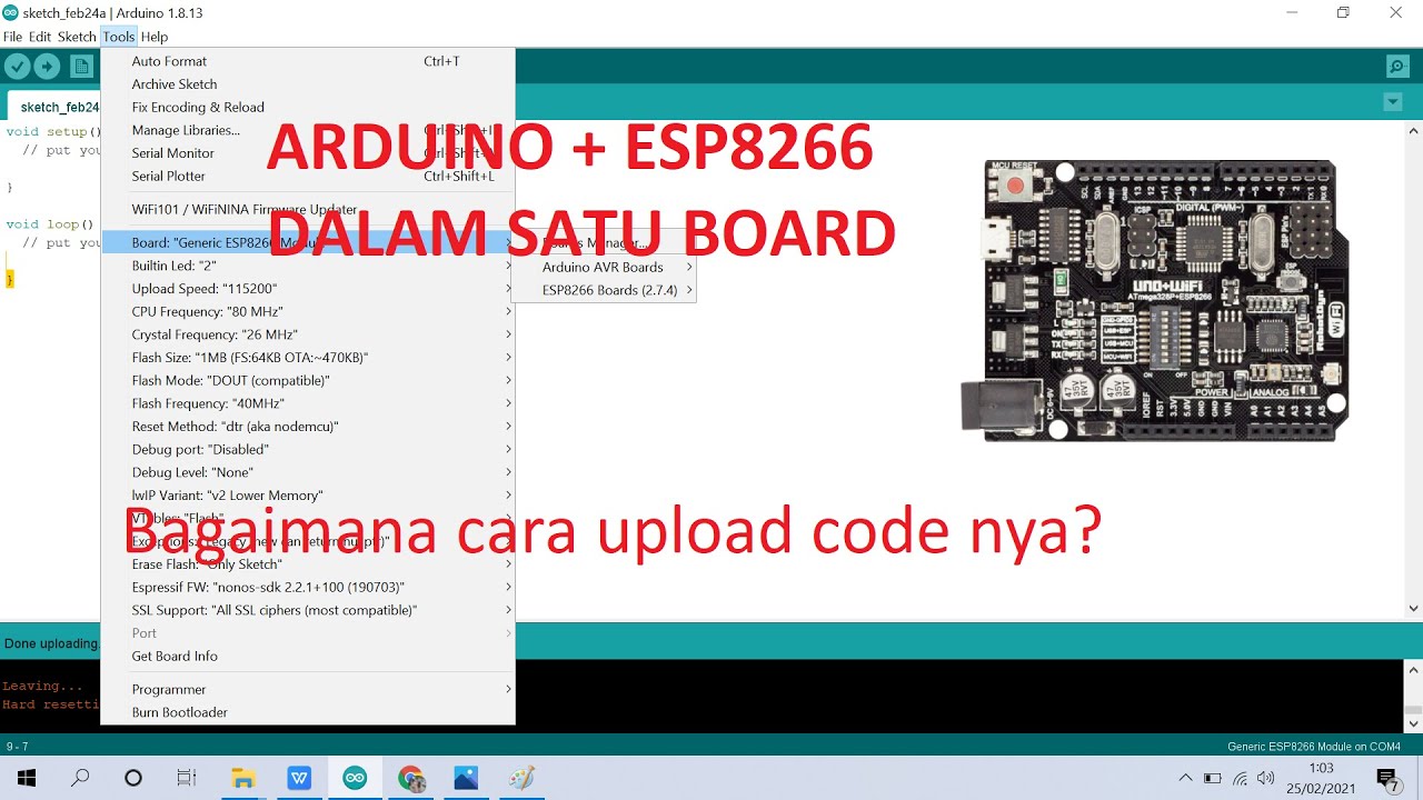 Cara Upload Code ke Arduino Uno R3 Built-In Iot Wifi Esp8266 - YouTube