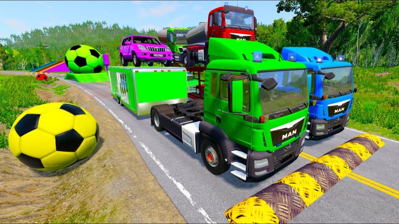 Double Flatbed Trailer Tuck vs Speedbumps Train vs Cars | Tractor vs Train Beamng.Drive