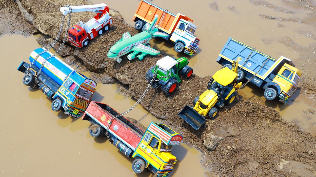 Dumper Truck Water Tanker Pushpa Truck Accident Mud Pulling Out JCB Airplane Tractor Crane ? CS Toy