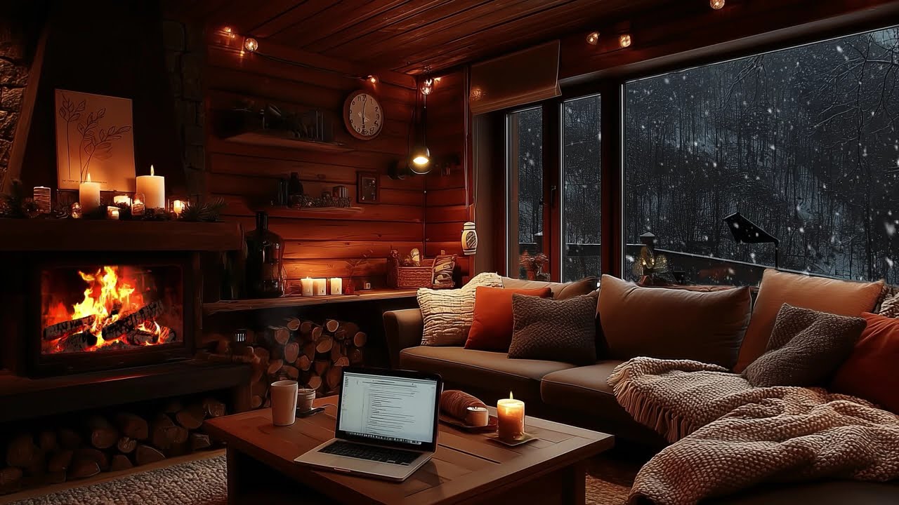 Firelight and Snow at Night | Cozy Winter Ambience with White Noise for Full Relaxation and Sleep