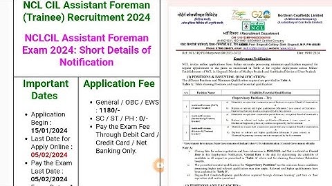 NCL CIL Assistant Foreman (Trainee) Recruitment 2024NCLCIL Assistant Foreman Exam 2024:Notification