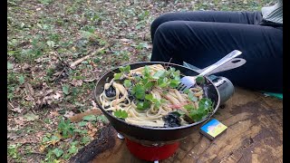 She picks mushrooms black trumpet and cooks pasta in the forest. Part 9.CRATERELLUS CORNUCOPIOIDES