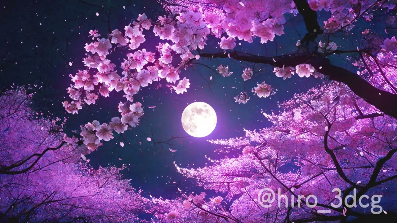 背景ループ素材】月明りに照らされる夜桜 夜 桜の木 月夜 舞う桜 動く
