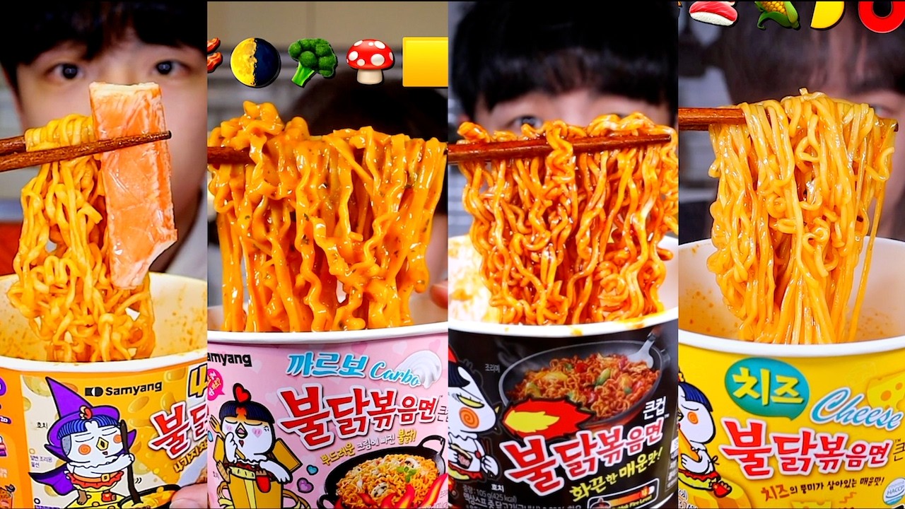 ASMR MUKBANG FIRE NOODLES BULDAK FRIED CHICKEN SAUSAGE CHEESE BURGER (NO BGM)