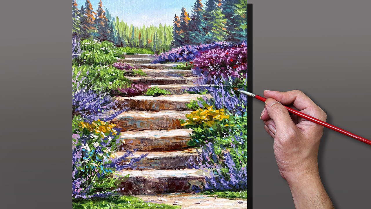 Acrylic Painting Stair Garden Landscape YouTube