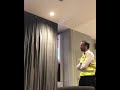 Girl is dancing with curtains and can’t get out and gets caught by security guard.