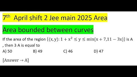 If the area of the region {(x,y):1+x^2≤y≤min{x+7,11-3x}} is A , then 3 A is equal to #jeemain #pyq