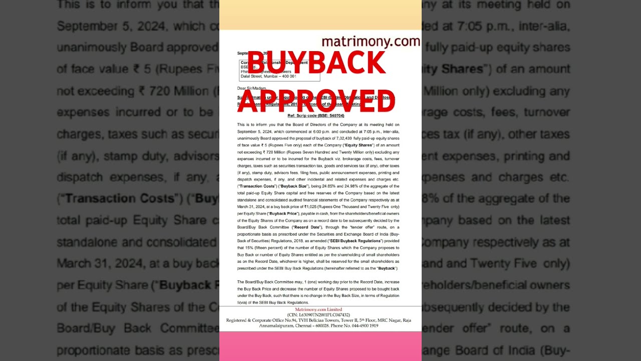  Buyback Matrimony Com Ltd Share Update Stockmarket Bse Nse Smju Investment